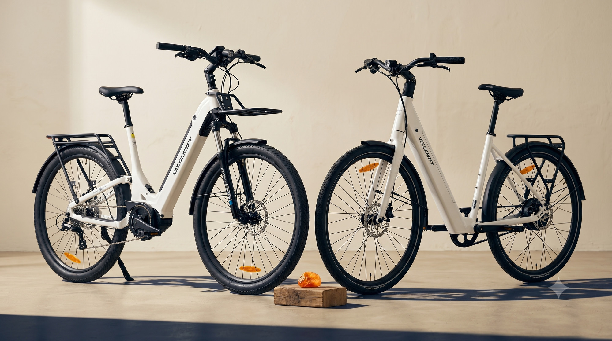 Dwa miejskie e-bike VECOCRAFT obok siebie – porównanie napędu środkowego i tylnego