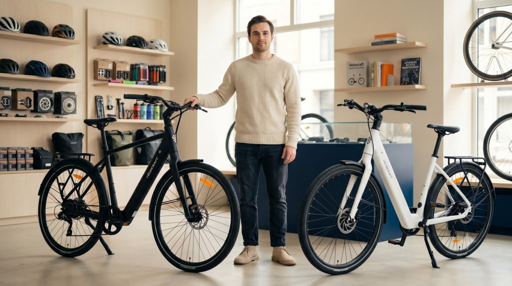 Mężczyzna wybiera pierwszy e-bike w sklepie rowerowym, dwa modele VECOCRAFT