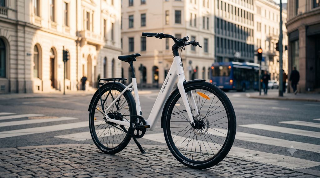 Biały miejski e-bike VECOCRAFT na skrzyżowaniu w mieście o poranku