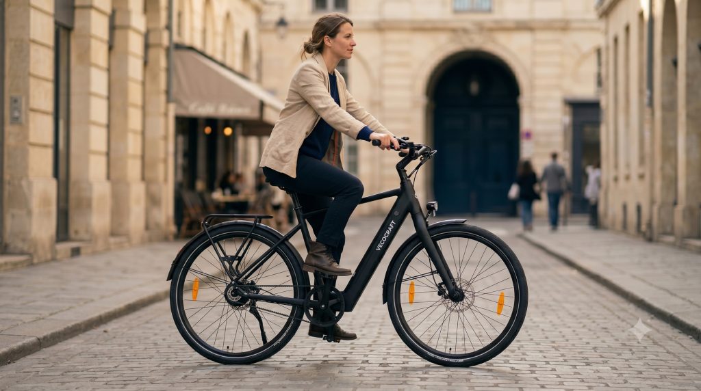 Kobieta jedzie miejskim e-bike VECOCRAFT w wyprostowanej, wygodnej pozycji